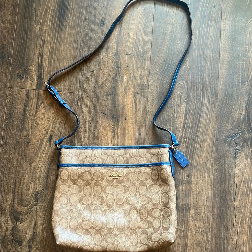 Coach Tan and Blue Crossbody Bag with Signature Monogram